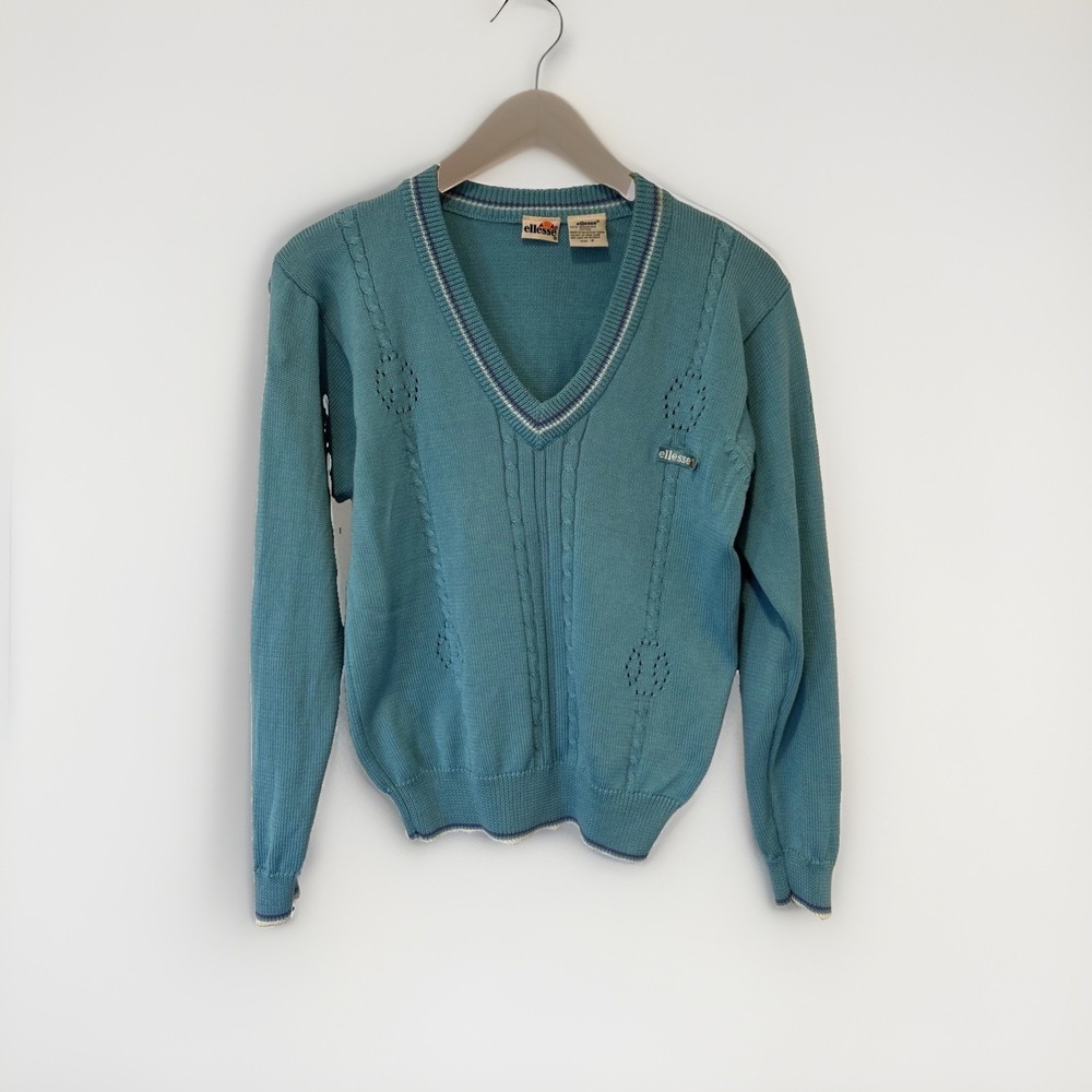 Ellesse V-neck Sweater Womens Petite Blue Vintage Mercerized Cotton Tenniscore